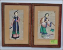 2 framed and glazed rice paper paintings of Japanese origin set within walnut frames 24x16cm inc