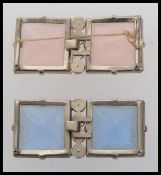 Two 1930s Czech white metal cloak cape clip clasps one set with two large hand faceted blue glass