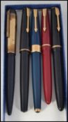 A collection of fountain pens to include 14ct gold nib Parker Junior with black case, Parker 