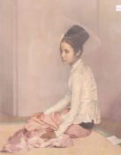 A stunning 1950's framed and glazed print of an asiatic maiden. Measures: 61cm x 47cm.