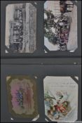 Edwardian postcard album with 200 period cards / WWI era, predominantly British.