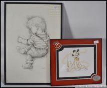 A framed and glazed pencil sketch of a baby together with a pencil and crayon Walt Disney painting