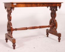 A Victorian burr walnut marquetry inlaid side table raised on lyre supports united by turned