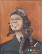 A 20th century oil on canvas study of a WWII pilot along with another framed and glazed picture.