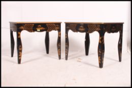 A pair of good quality 20th century Japanned laquered chinoserie side tables having squared legs