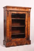 A good Victorian burr walnut marquetry inlaid pier cabinet being raised on a plinth base with glass
