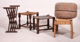 A vintage folding Savaronola chair together with a retro pouffe and 2 weave stools and a rattan