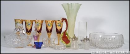A collection of glass to include Bohemian coloured goblets, vial,