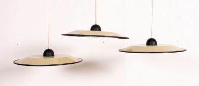 A set of 3 1950's Thorn Flying Saucer metal pendant lamp / diffuser shades.