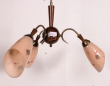 A vintage 1950's 3 branch oak and glass cylindrical ceiling light fitting chandelier.