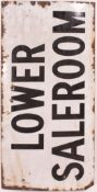 A vintage 20th century enamel advertising sign ' Lower Saleroom ' in white with black writing.