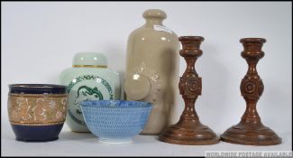 Mixed lot to include a pair of 20th century wooden candlesticks,