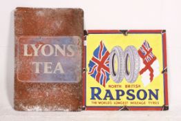 A vintage Lyons tea sign in metal with remains of paint together with a wooden painted North