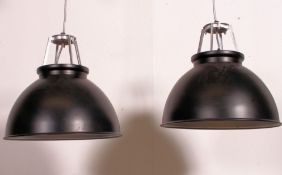 A good large pair of contemporary industrial style pendant ceiling light fixtures having ebonised