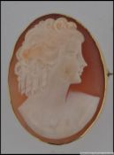 A hallmarked 9ct gold cameo brooch. Hallmarked for Birmingham with roller clasp. Measures 4cms.