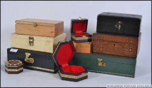 A collection of vintage jewellery boxes and work boxes to include Tunbridge ware, leather etc.