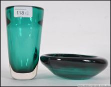 A 1970's studio art glass Whitefriars conical vase in teal and clear glass together with an ashtray.