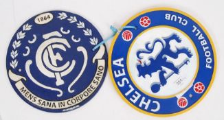 Two cast iron wall mountable metal plaques, both for Chelsea Football Club. Differing designs.