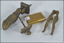 A collection of brass items to include a Victorian snuff pot,