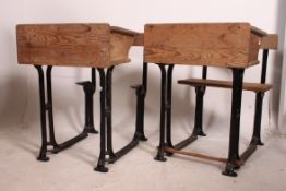 2 antique 19th century Victorian ebonised cast iron & pine old school desks with oak seats , back ,