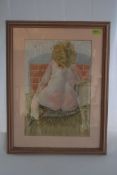 A contemporary pastel painting nude female portrait study. Naked lady facing away sat to armchair.