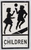 A reproduction cast iron ' Children ' crossing style black and white sign, 20th century. 31cm tall.