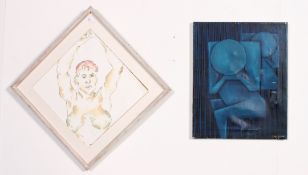 A framed and glazed water colour nude study along with an oil abstract portrait of a nude ,
