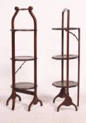 2 1930's oak 3 tier metamorphic cake stands, one with hexagonal tiers, the other circular.