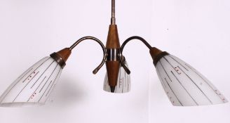 A vintage 1950's 3 branch oak and glass cylindrical ceiling light fitting chandelier.