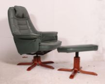 An Ekornes style green leather swivel armchair on bentwood base together with the ottoman footrest
