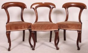 A set of 3 quality 19th century mahogany kidney back dining chairs having velour overstuffed seats