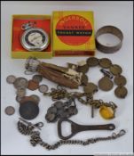 A mixed collection of artefacts, 2 fob chains 1 with large citrine ,