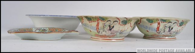 2 Chinese Famille rose bowls with decoration having export marks to base together with a Canton /