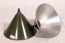 2 vintage mid century military green factory anglepoise pendant lamp shapes, both of conical form.