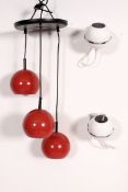 A fabulous rare 1970's / 80's 3 string drop ball plastic red pendant light fixture together with 2