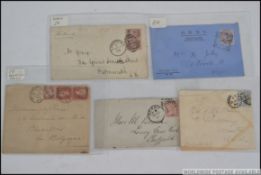 A collection of Victorian postal history in the form of 5x postal covers, each with stamps affixed.