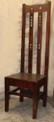 A pair of 20th century tall Renee Mackintosh hardwood inspired hall chairs / dining chairs having