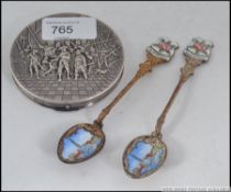 A fabulous dutch silver plate ladies mid century compact with classical scene in excellent