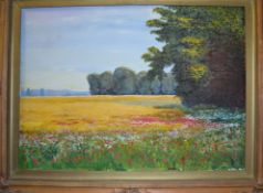 A large oil on canvas painting of a poppy field being signed with monogram for PR - Peter Roberts.