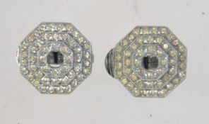 A pair of 1930's Art Deco vintage white metal clip on earrings set in octagonal tiers set with