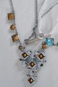 A 1930's Art Deco vintage white metal blue and clear rhinestone set prom necklace with barrel clip