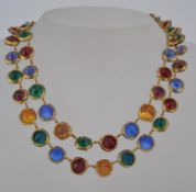 A vintage 1960#s twin strand rhinestone necklace with unusual harlequin coloured stones with an