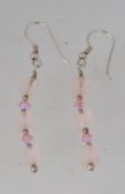 A pair of 925 silver earrings with rose quartz and glass drops with hook backs. Weight 4.