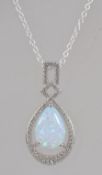 A 925 silver Art Nouveau style tear drop pendant necklace with large opalite set pendant with CZ