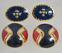 Two pairs of vintage yellow metal enameled clip on earrings of round and oval form. Measures 3cms.