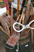 A collection of 20th Century shooting sticks along with walking stick canes , golf clubs ,