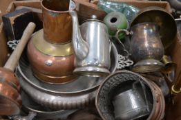 A collection of metalwares to include a Victorian brass and copper pot , various flatware ,