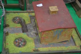 A scratch built play house and garden along with a vintage bagatelle board