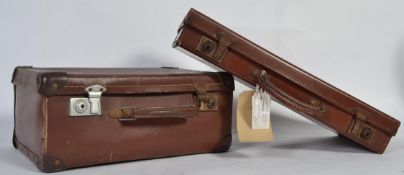 A vintage slim leather attaché case along with another leather suitcase