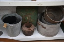 A collection of items to include galvanised buckets, catering pan,
